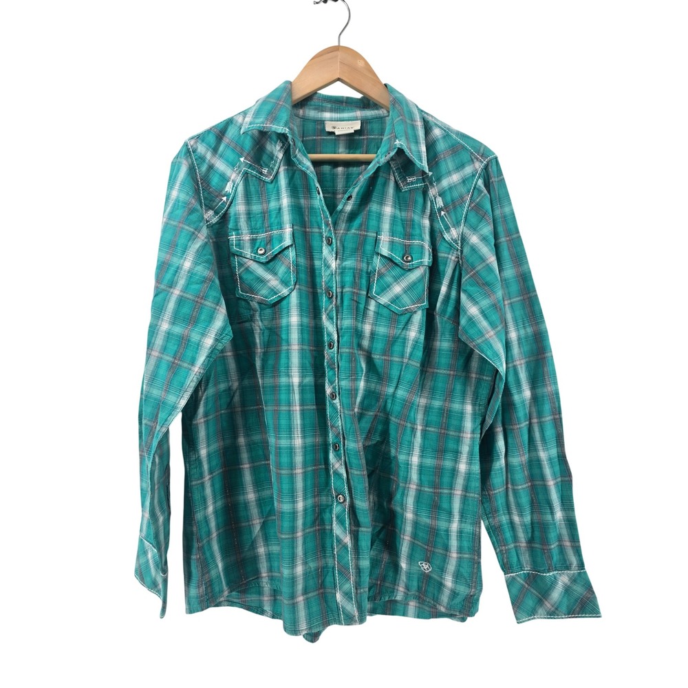 Ariat Western Shirt Womens XL Teal Plaid Pearl Snap Arrow Embroidery Shimmer